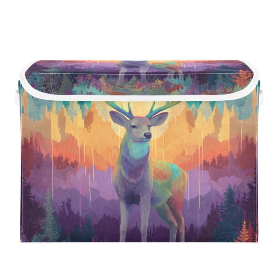 Deer with Rainbow Colored Mountains Foldable Storage Bins with Lids Handles Collapsible Storage Containers Tote Boxes 16.5 x 12.6 x 11.8 inches