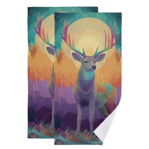 Deer with Rainbow Colored Mountains Hand Towel Absorbent Bath Towels for Bathroom Sports Gym 28" x 14" Set of 2
