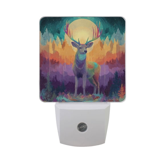 Deer with Rainbow Colored Mountains LED Night Light Sensor Lamp Plug-in Adjustable Brightness 2 Pack