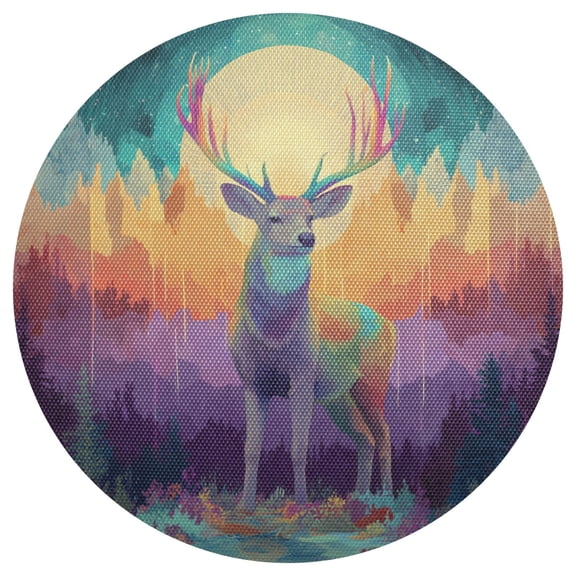 Deer with Rainbow Colored Mountains PVC Round Grid Placemat Table Mat 1 Pc 15.4" x 15.4"