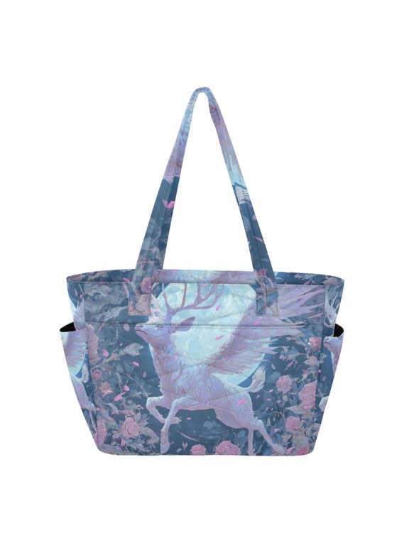 Deer with Wings Roses Moonlight Women's Quilted Tote HandBag Beach Bag Shoulder Bag with Luggage Strap 18L for Commute Gym Travel