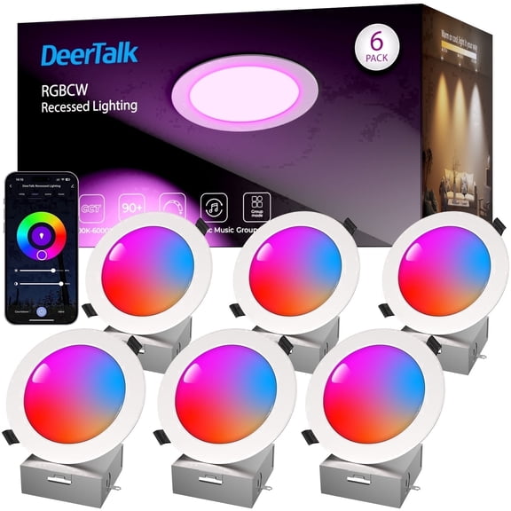 DeerTalk 6inch Color Changing Recessed Downlight Ceiling Light with J-Box, 6pack