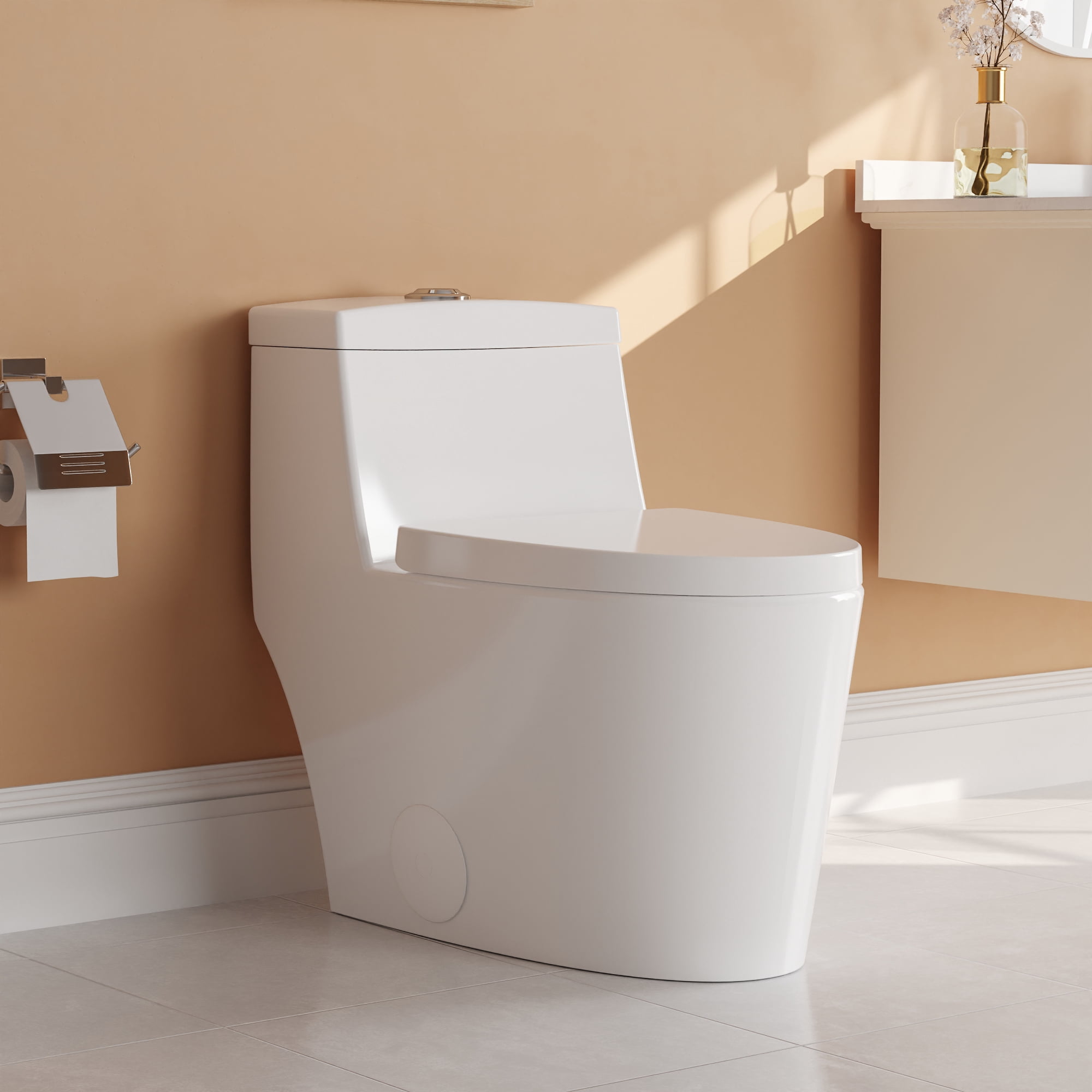 DeerValley 10 in. Rough In One Piece Toilet, Elongated Dual Flush Toilet 1.1/1.6 GPF, Elongated Standard Height with Soft Close Seat, WaterSense, White Ceramic Toilet for Bathroom Remodel
