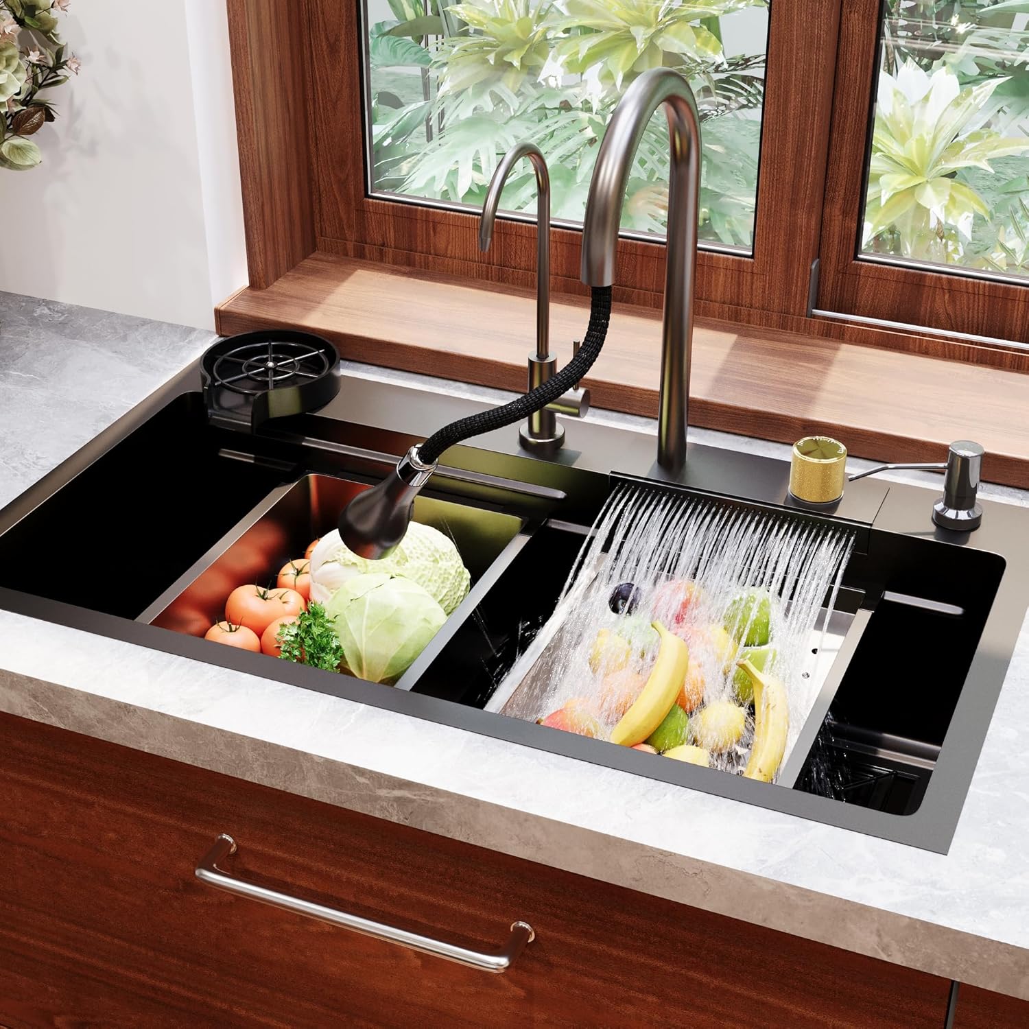 DeerValley 32 Inch Waterfall Dropin Kitchen Sink Workstation