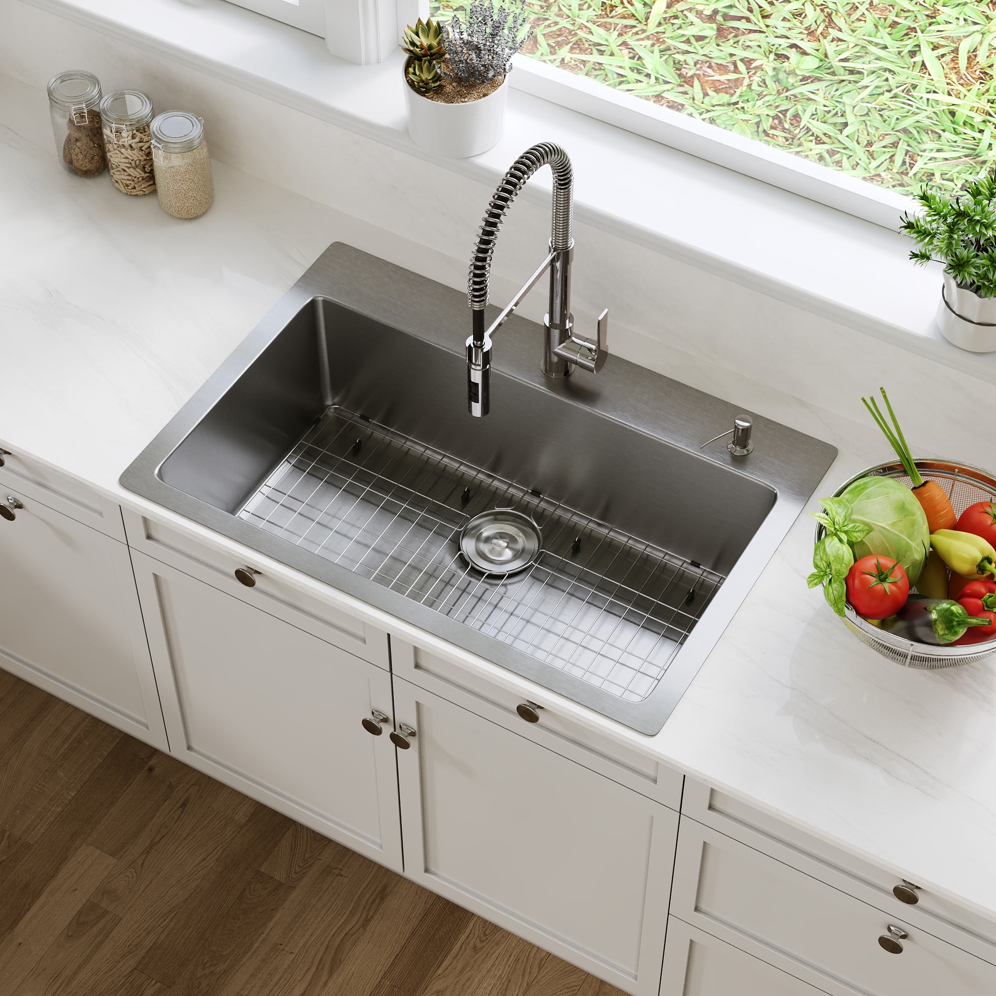 DeerValley 33 Inch Stainless Steel Kitchen Sink, Single Bowl 18 Gauge Drop In Kitchen Sink with Sink Grid and Basket Strainer, Silver Kitchen Sink for Homeowners, Kitchen Remodel & Replacement