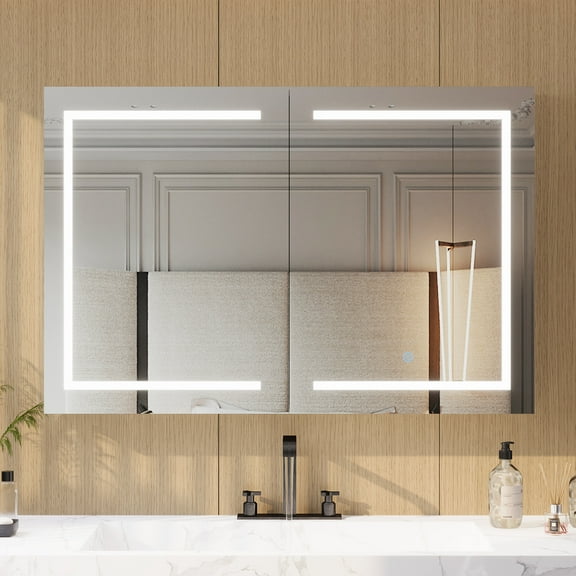 DeerValley 48 in. W x 32 in. H Rectangular Silver Aluminum Surface LED Light Medicine Cabinet with Mirror, Anti-Fog, Double Doors