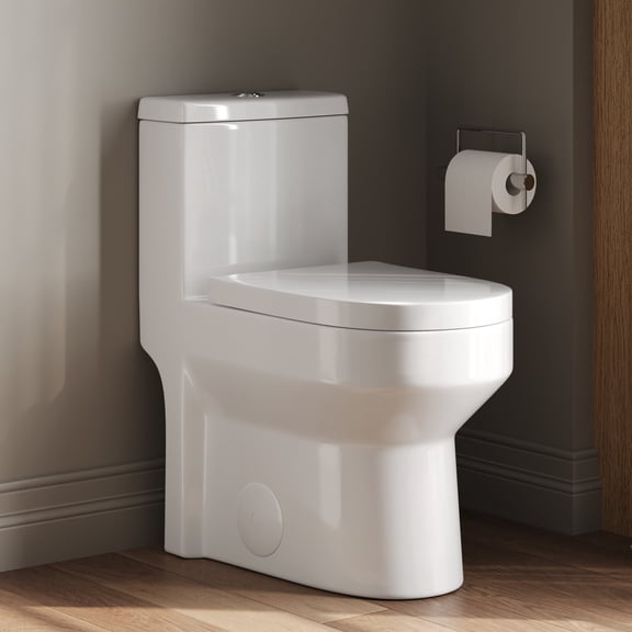DeerValley Compact One Piece Toilet Standard Seat Height for Small Bathroom Dual Flush 1.1/1.6 GPF Powerful and Quiet 12'' Rough-In Skirted Toilet
