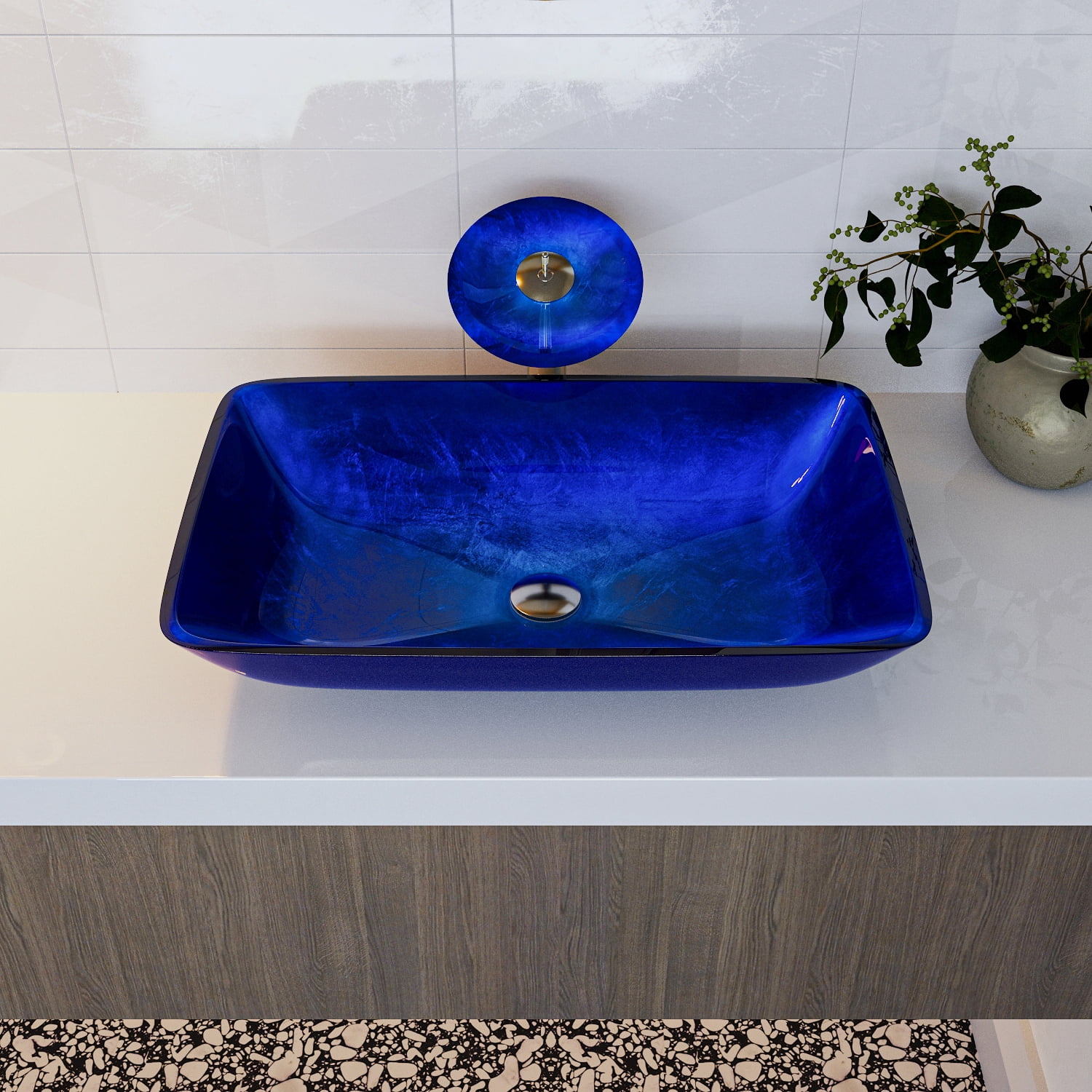 DeerValley DV1G0003 Glass Rectangular Vessel Bathroom Sink in Blue 22.