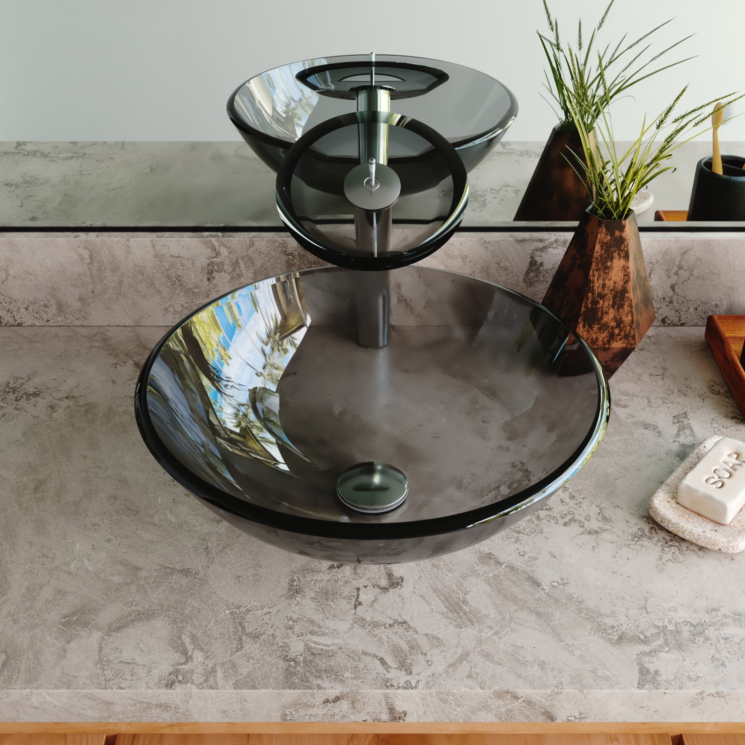 Black Tempered Glass Circular Above-Counter Vessel Sink