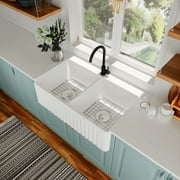 DeerValley DV-1K028 Ceramic Double Basin Kitchen Sink with Grid and Strainer,33" L x 18" W x 10" H