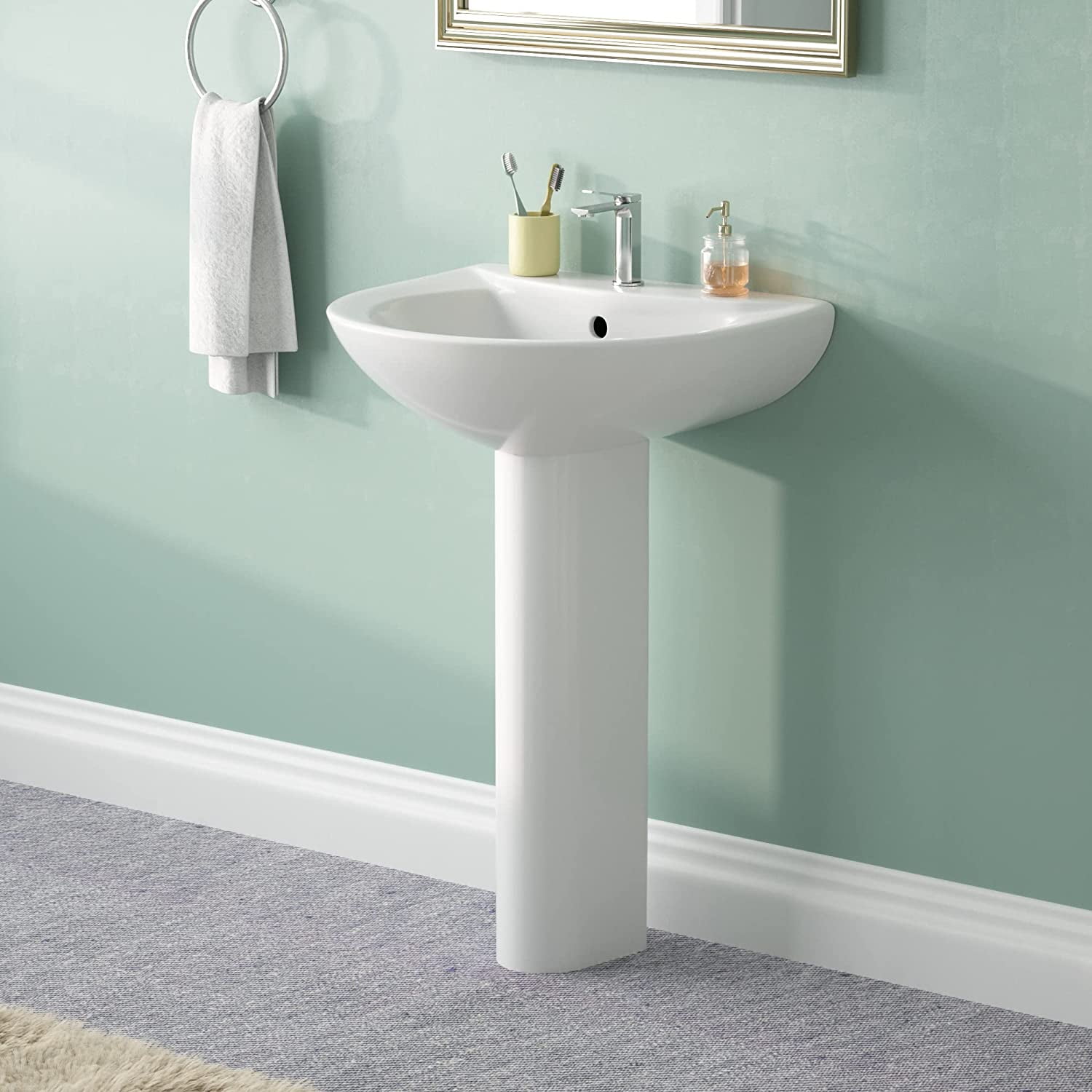 White Ceramic U-Shaped Pedestal Bathroom Sink with Overflow