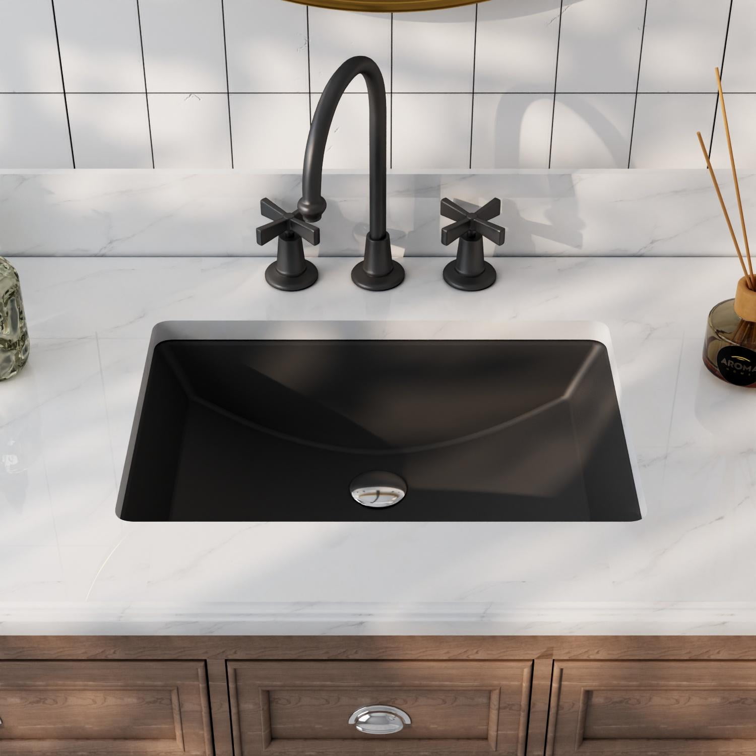 Matte Black Ceramic Rectangular Undermount Bathroom Sink with Overflow