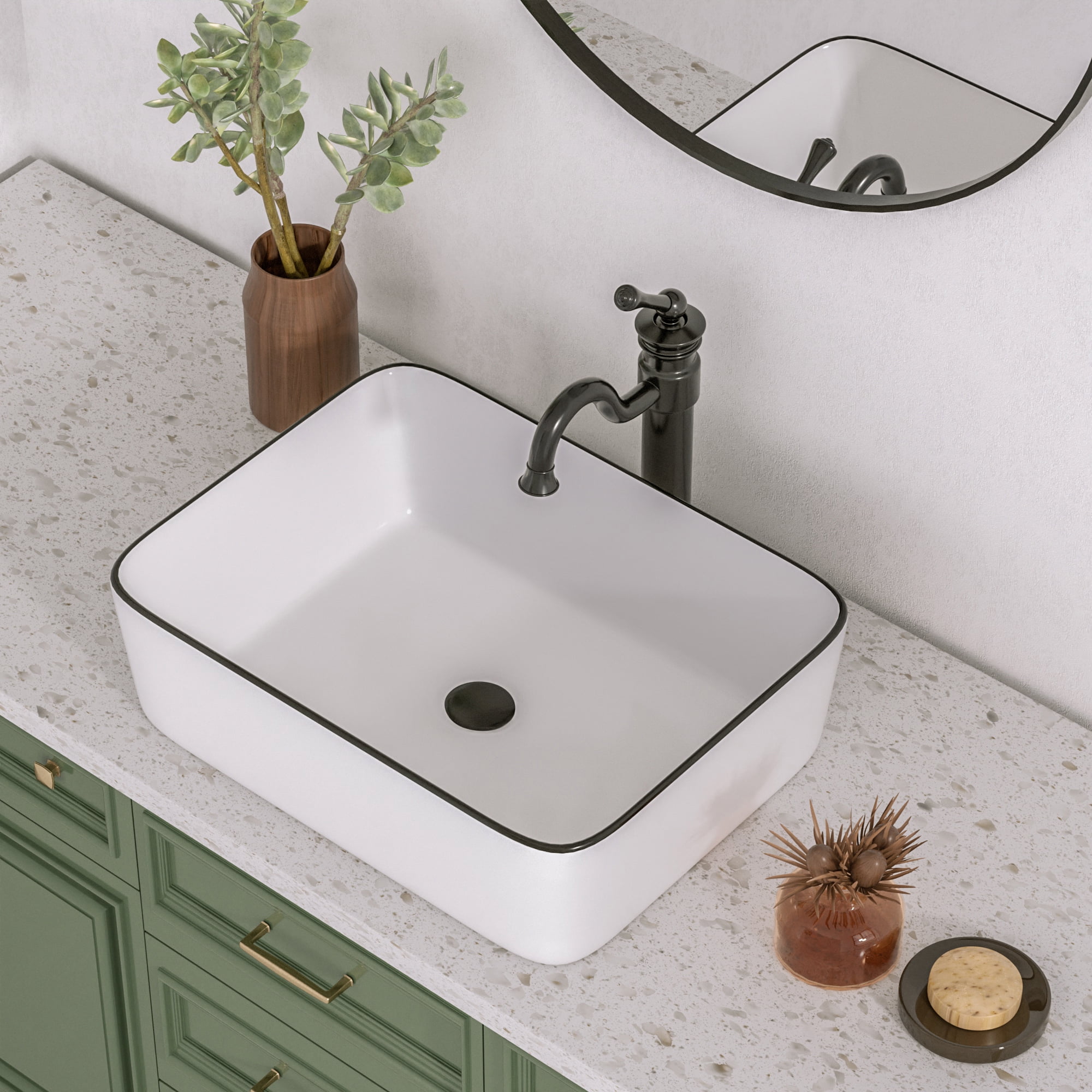19" White Ceramic Rectangular Vessel Sink with Black Trim