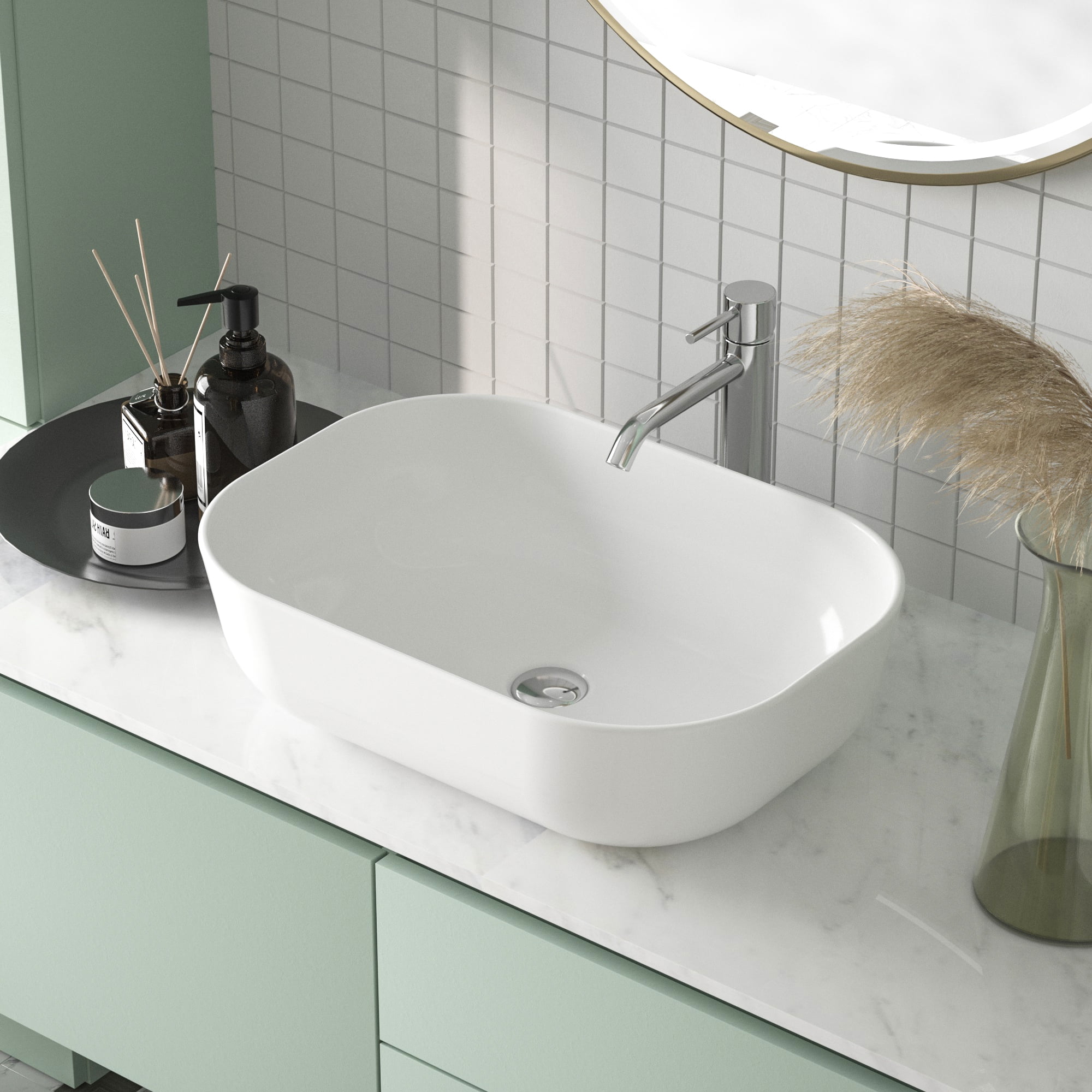 White Ceramic Rectangular Above-Counter Vessel Sink