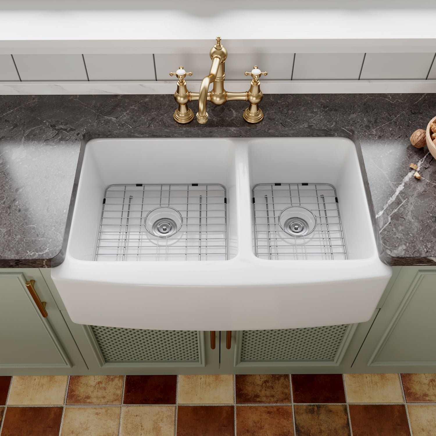 DeerValley 33" White Fireclay Double Bowl Farmhouse Sink