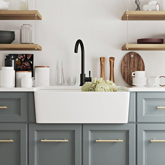 DeerValley Perch DV-1K116 Farmhouse Kitchen Sink Ceramic with Sink Grid and Strainer in White (24" L x 16" W x 8" H)