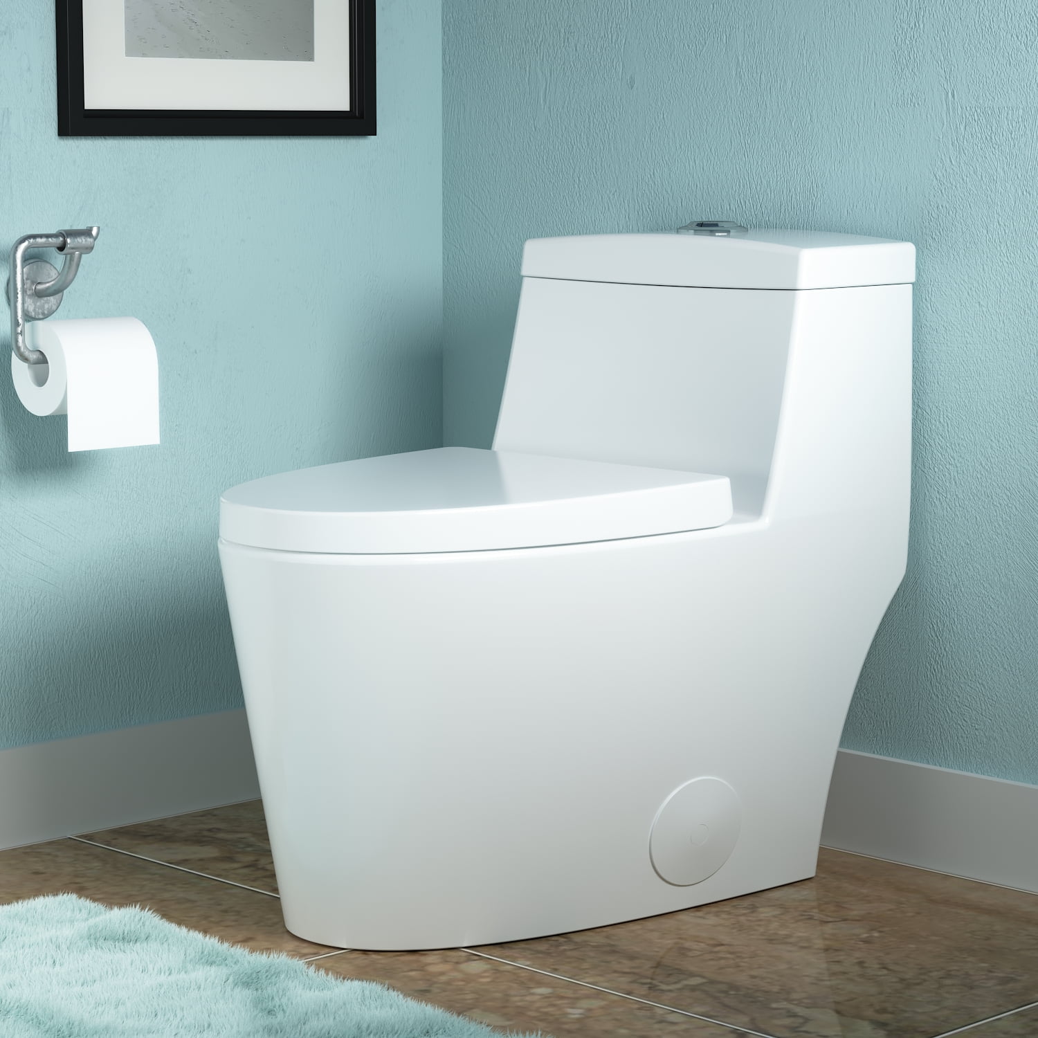 White Elongated Dual-Flush One-Piece Toilet with Silver Button