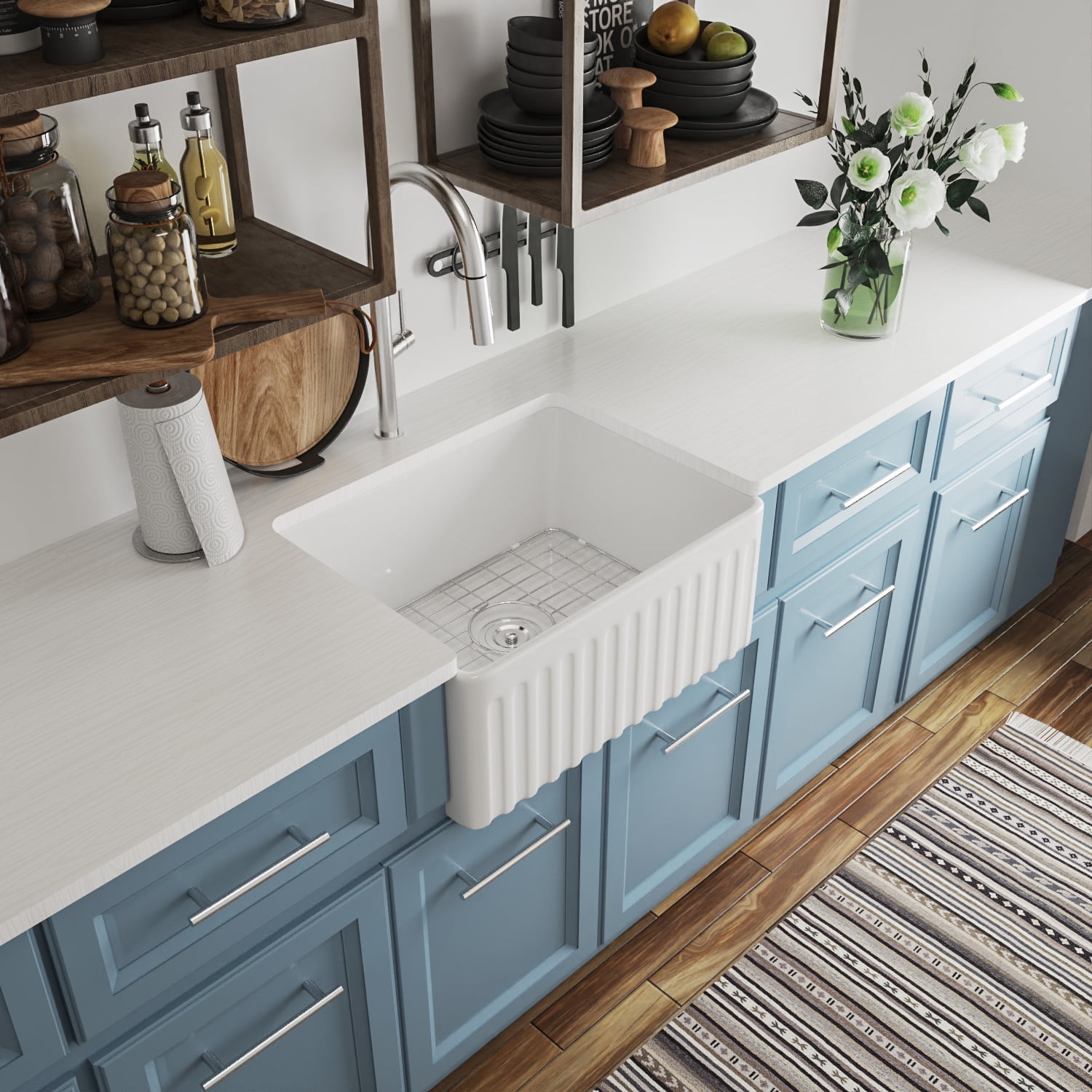 DV-1K022 Perch 24" L X 18" W Single Bowl Farmhouse/Apron Kitchen Sink with Sink Grid and Basket Strainer