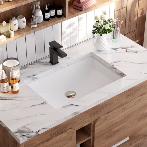 DeerValleyBath DV-1U101 Ceramic White Rectangular Undermount Sink Porcelain Bathroom Vanity Vessel with Overflow