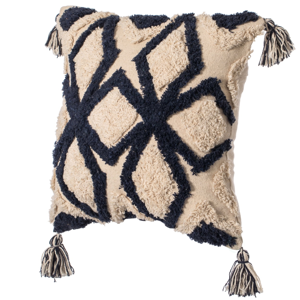 Handwoven Cotton Euro Throw Pillow Cover with Tufted Tribal Design and Tassels