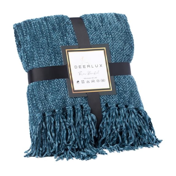 Deerlux 60 x 50 in. Decorative Chenille Throw Blanket with Fringe, Navy
