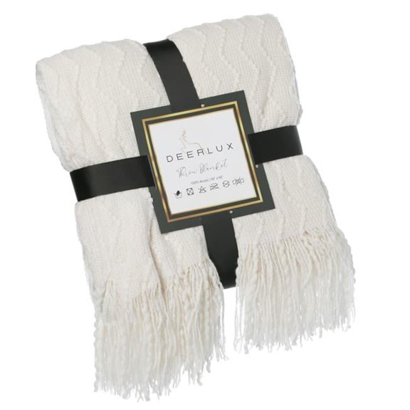 Deerlux  60 x 50 in. Decorative Chevron Pattern Knit Throw Blanket with Fringe, White