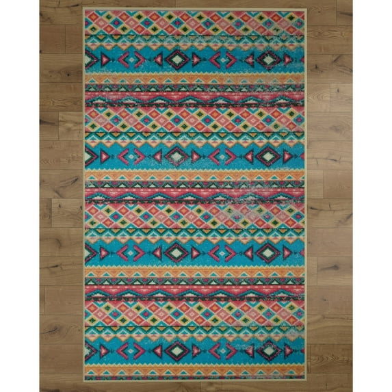 Deerlux Boho Living Room Area Rug with Nonslip Backing, Turquoise Aztec Pattern