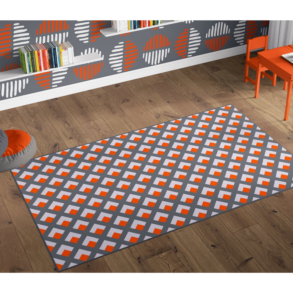 Gray and Orange Geometric Trellis Washable Area Rug 4' x 6'