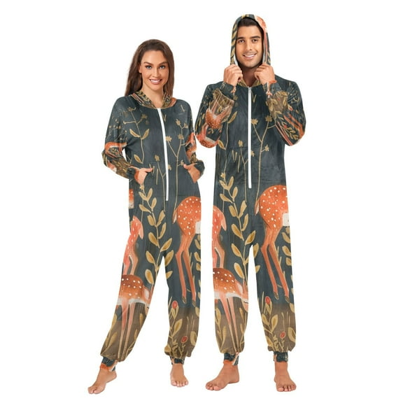 Deers Adult Onesie Pajamas Slim Fit Christmas One Piece Suit Pjs for Women and Men Hooded Zipper