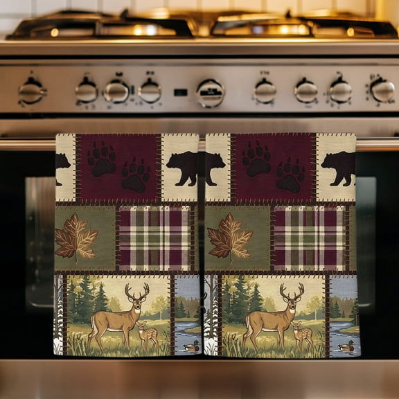 Deers Bears Silhouettes Kitchen Towels Set of 1, Farmhouse Vintage Patched Absorbent Dish Towels for Kitchen, Microfiber Hand Towel, Quick Drying Tea Towel for Cleaning Decorative Dishcloths