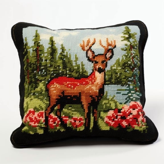 Deers & Flowers Latch Hook Kits Pillow DIY Rug Crochet Hook Cushion Making Kits with Preprinted Pattern Canvas Instruction Yarns Easy Starter Christmas Decoration Hooking DIY Kits 43x43cm(d164)