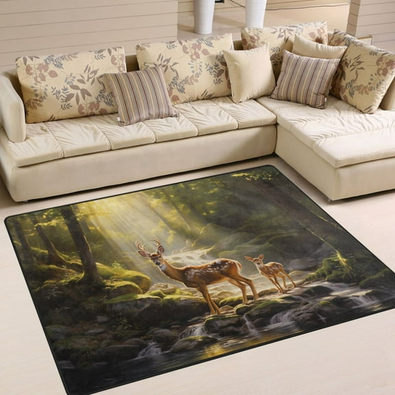 Deers Forest Trees Lake Area Rug Washable 80 x 58 Floor Carpet Mat Non Slip for Bedroom Living Room Home Decor