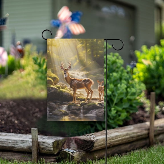 Deers Forest Trees Lake Garden Flag Double Sided Outdoor Banners for Courtyard Outdoor Lawn Farmhouse Holiday Decorations