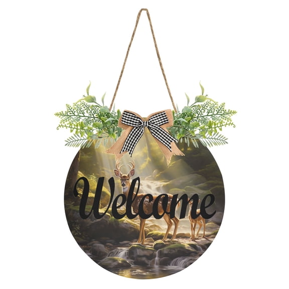 Deers Forest Trees Lake Welcome Sign for Front Door Wreath Door Sign for Farmhouse Porch Decoration Indoor Outdoor