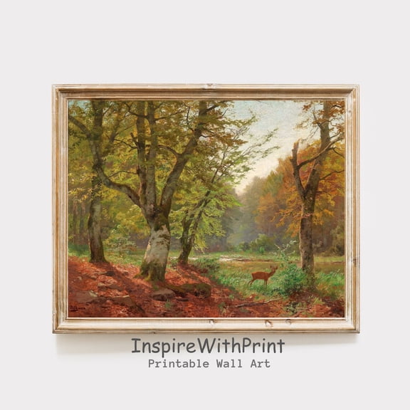 Deers In The Forest, Fall Forest Landscape Art, Fall Wall Decor, Autumn Art Poster, Tranquility Nature Scene Wall Art Home Decor, 24x36 UNFRAMED