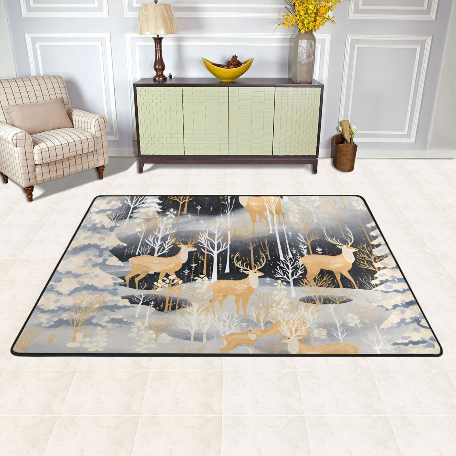 72x100 Area Rug Deers Pines Trees Leaves Area Rug Washable 72 x 48 Floor Carpet Mat Non ...