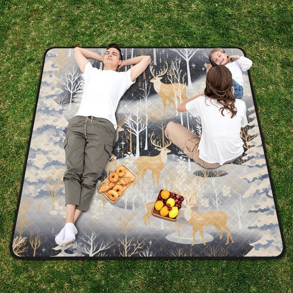 Deers Pines Trees Leaves Beach Blanket Outdoor Picnic Blanket 78"x 78" Waterproof Foldable for Beach Camping Travel Hiking Grass Lawn Park
