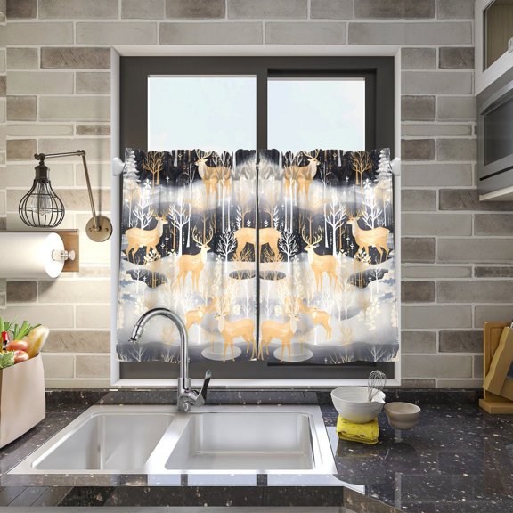 Deers Pines Trees Leaves Kitchen Curtains Half Tier Curtain 2 Rod Pockets Bathroom Bedroom Cupborad Living Room 27"x24"