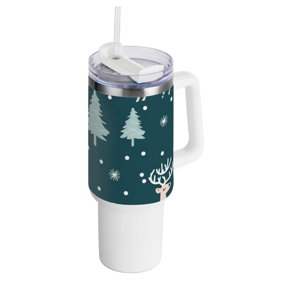 Deers Pines Trees Snow 40 oz Tumbler with Handle Insulated&nbsp;Travel Mug&nbsp;Lid Straw Leak Proof Steel Vacuum Water Bottles Glasses Fits in Car Cup Holder