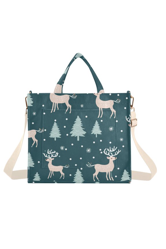 Deers Pines Trees Snow Corduroy Tote Bag Handbag Large Messenger Bag Shoulder Crossbody Zipper Bag Purse