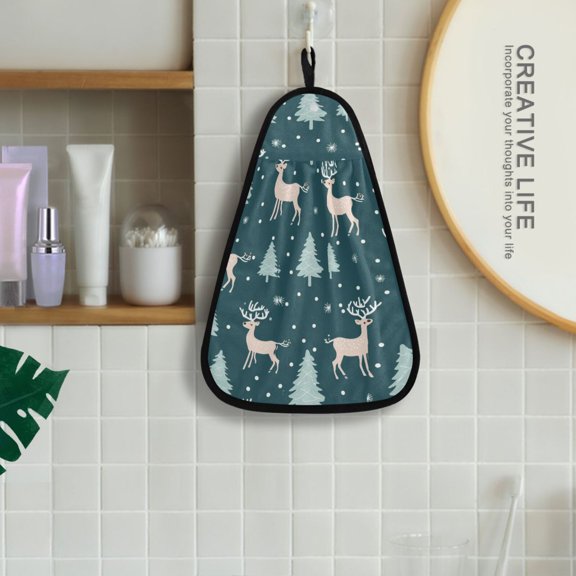 Deers Pines Trees Snow Hanging Towel Kitchen Hand Towel Bathroom Absorbent Towel Machine Washable Quick Dry Dishcloths