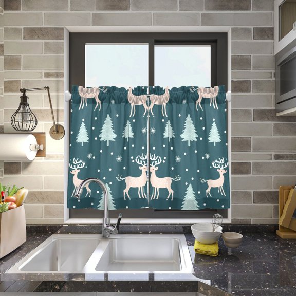 Deers Pines Trees Snow Kitchen Curtains Half Tier Curtain 2 Rod Pockets Bathroom Bedroom Cupborad Living Room 27"x24"