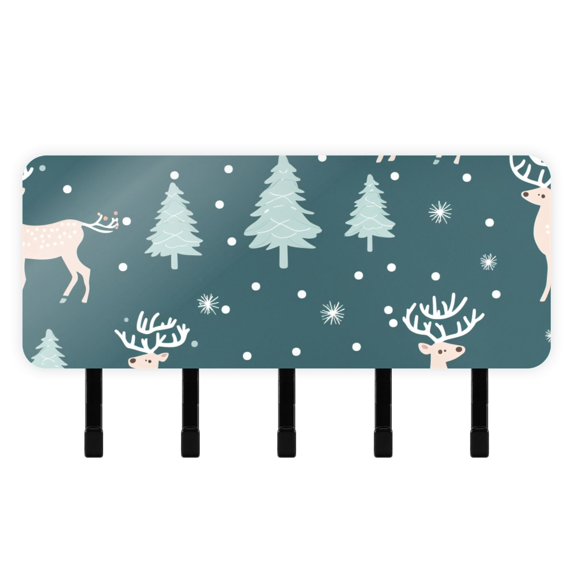 Deers Pines Trees Snow Mail Holder Organizer Wall Mount with Shelf Key Holder Key Rack with 5 Key Hooks for Wall Decorative