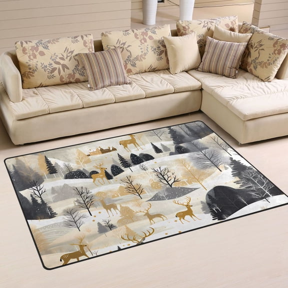 Deers Pines Trees Sun Area Rug Washable Floor Carpet Mat 60 x 39 inch for Bedroom Living Room Kids Room Home Decor