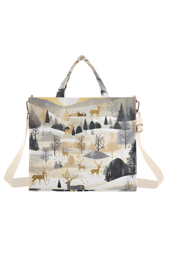 Deers Pines Trees Sun Corduroy Tote Bag Handbag Large Messenger Bag Shoulder Crossbody Zipper Bag Purse