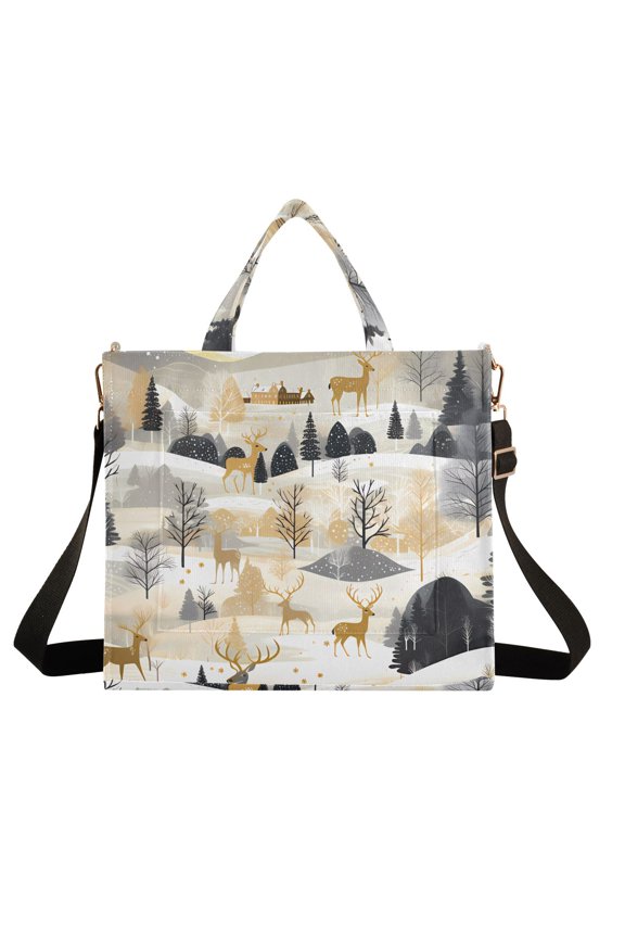 Deers Pines Trees Sun Corduroy Tote Bag Handbag Large Messenger Bag Shoulder Crossbody Zipper Bag Purse