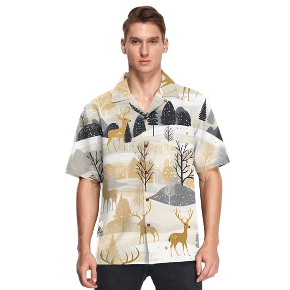 Deers Pines Trees Sun Men's Hawaiian Wrinkle Free Button Down Short Sleeve Shirt Casual Shirts Beach Shirts