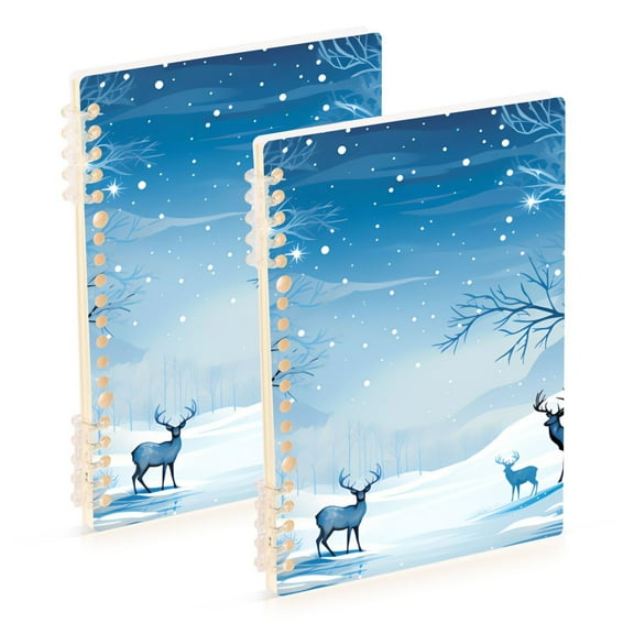 Deers Snow Trees Blue Ring Binder Notebook Journey Note Diary College Ruled Spiral Notebook Study Loose Leaf Paper A5 60 Pages