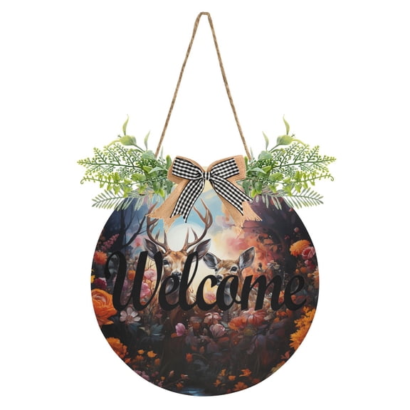 Deers Sun Flowers Welcome Sign for Front Door Wreath Door Sign for Farmhouse Porch Decoration Indoor Outdoor