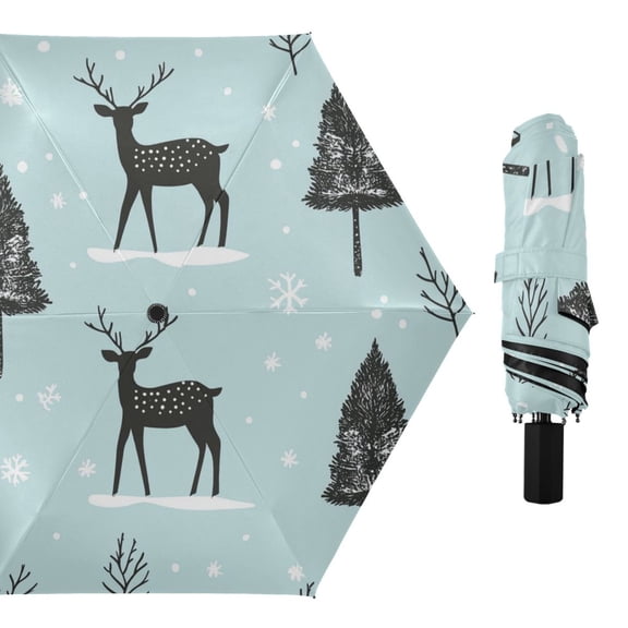 Deers Trees Snowflakes All Weather Umbrella Triple Folding Parasol 6 Ribs UV Protection Portable